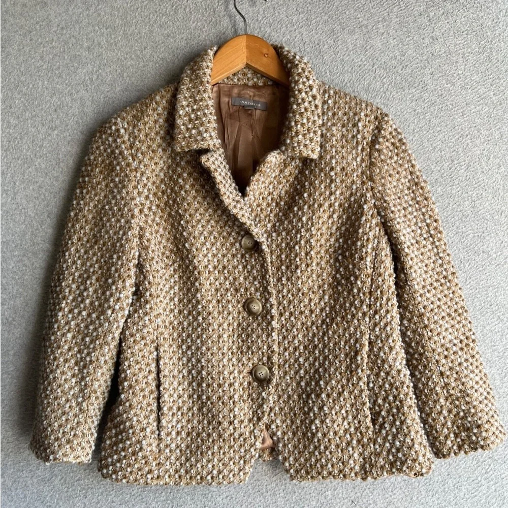 Ann Taylor Tan and Cream Bouclé Button Blazer